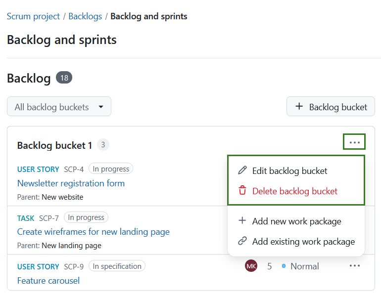 Menu option to edit and delete a backlog bucket