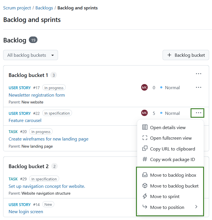 Move options menu for a backlog item showing reorder and sprint assignment options
