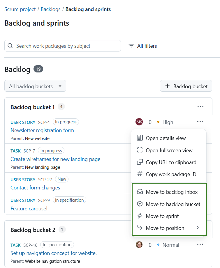Move options menu for a backlog item showing reorder and sprint assignment options
