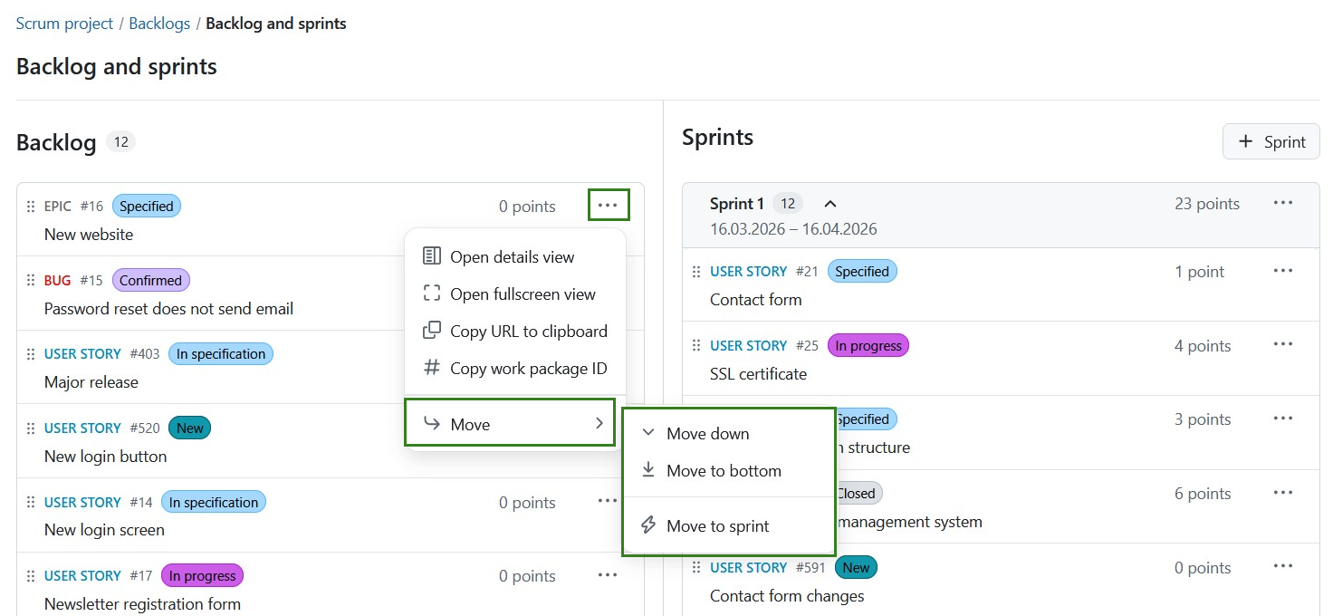 Move options menu for a backlog item showing reorder and sprint assignment options