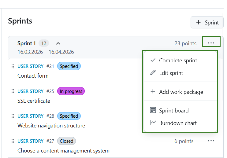 Sprint menu with options like edit sprint, add work package, board, and burndown chart