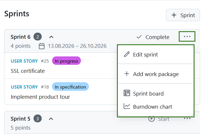 Sprint menu with options like edit sprint and add work package