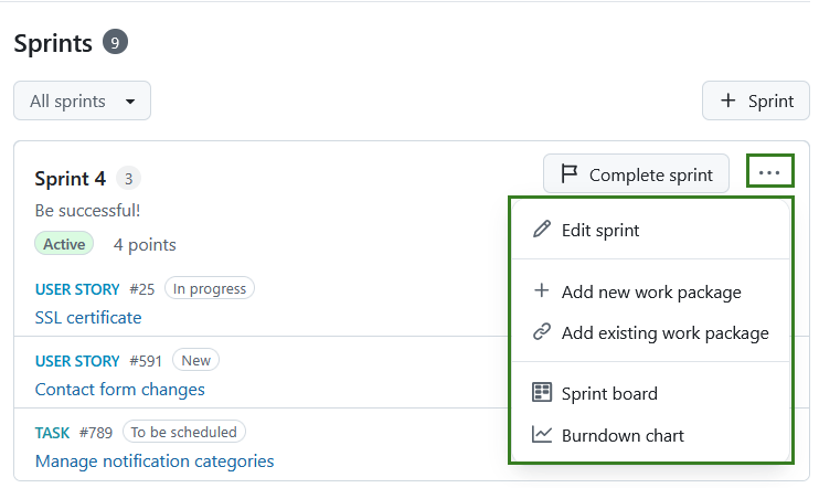 Sprint menu with options like edit sprint and add new work package