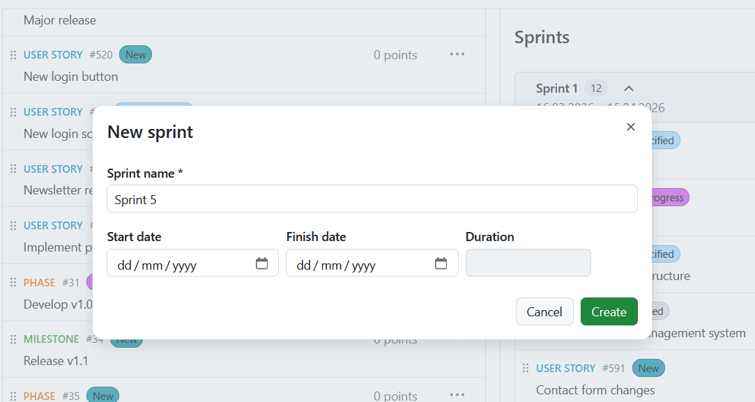 Sprint-Erstellungsformular mit Feldern für Name, Start- und Enddatum