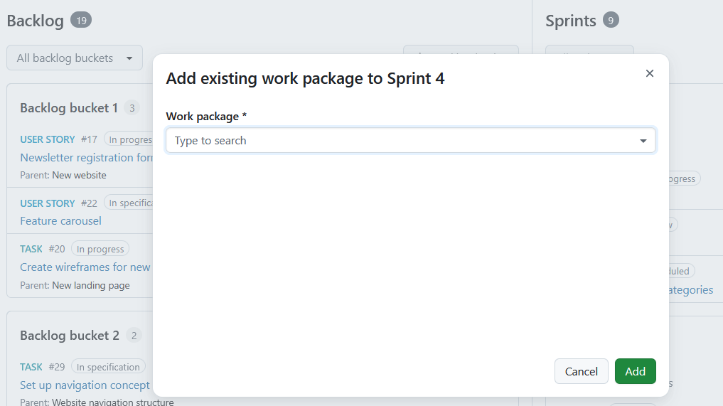 Form dialog to add an existing work package to a sprint directly in OpenProject Backlogs module