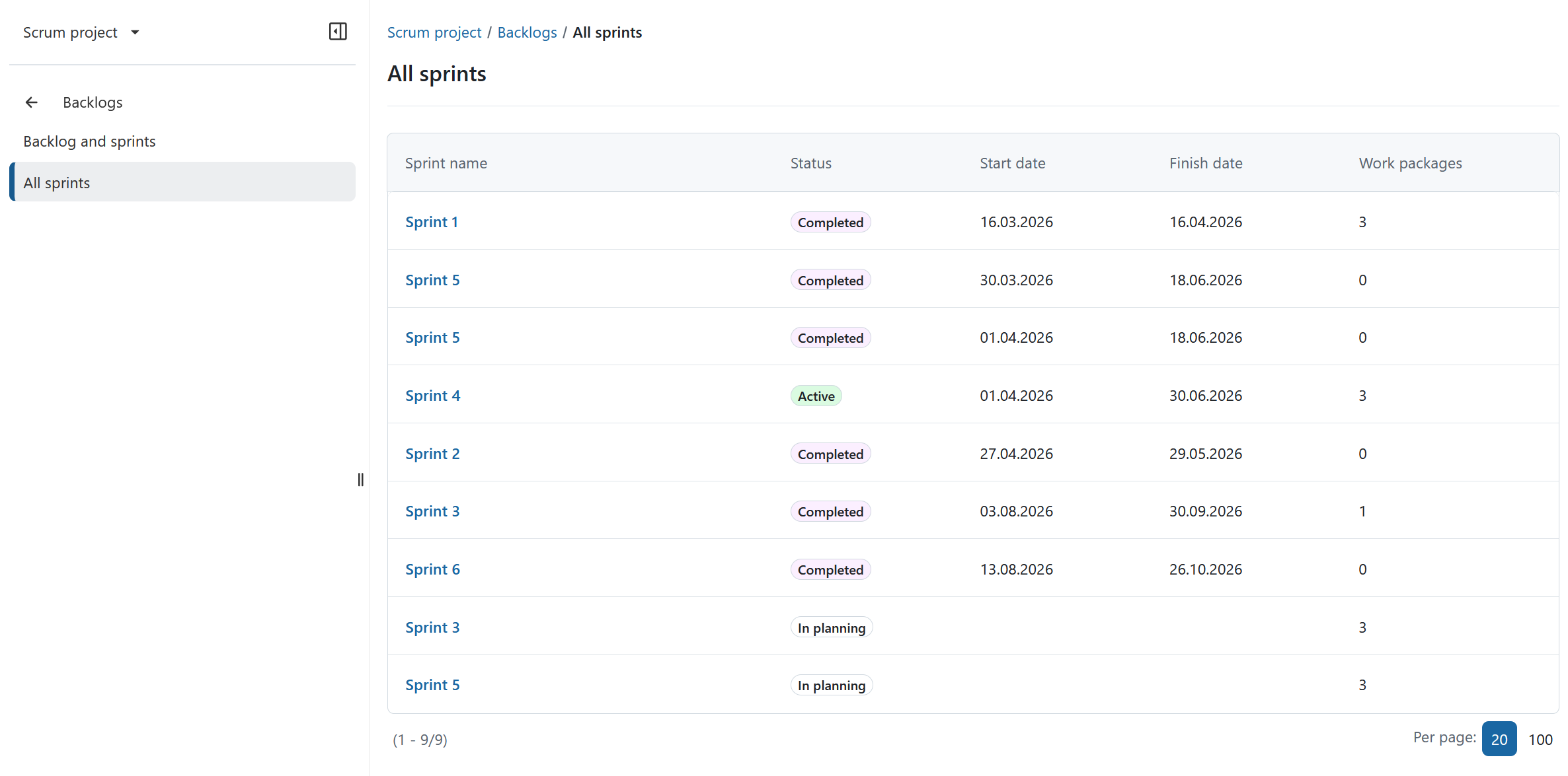 All sprints overview in the Backlogs module