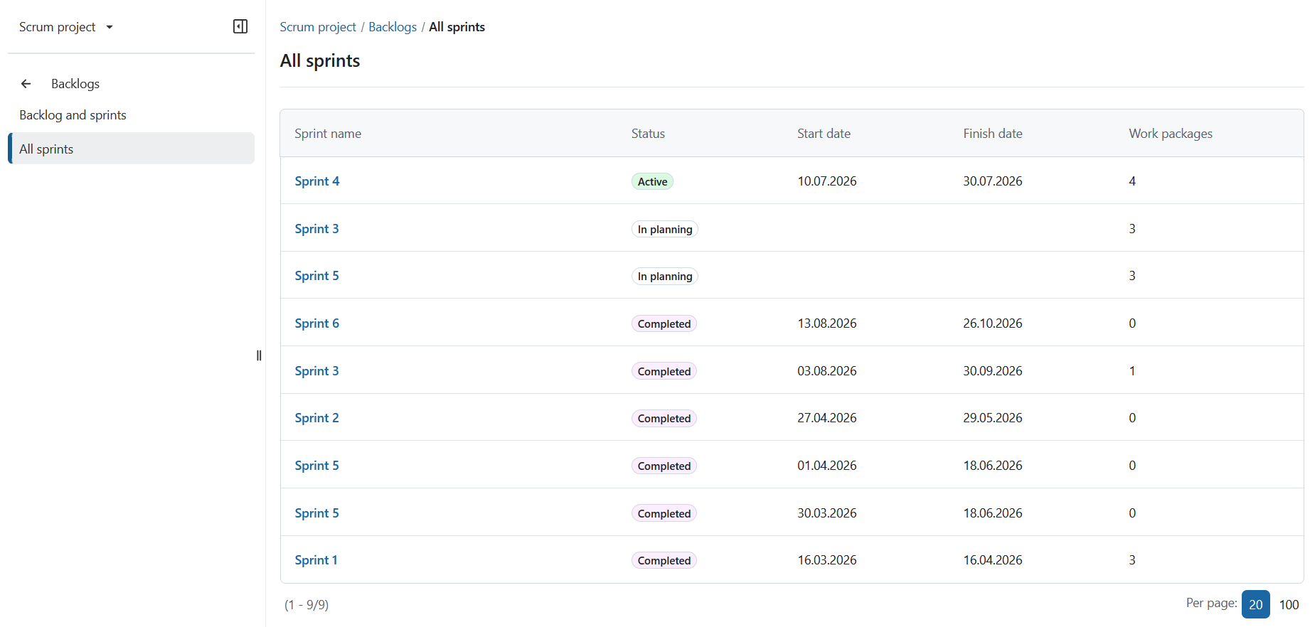 All sprints overview in the Backlogs module
