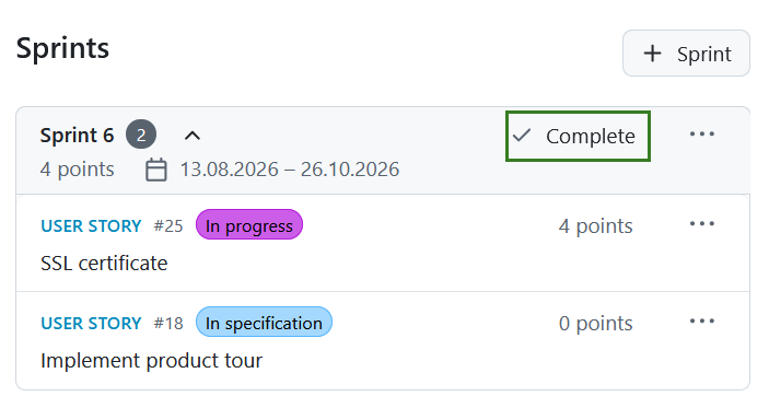 Complete sprint button in the Backlogs module interface