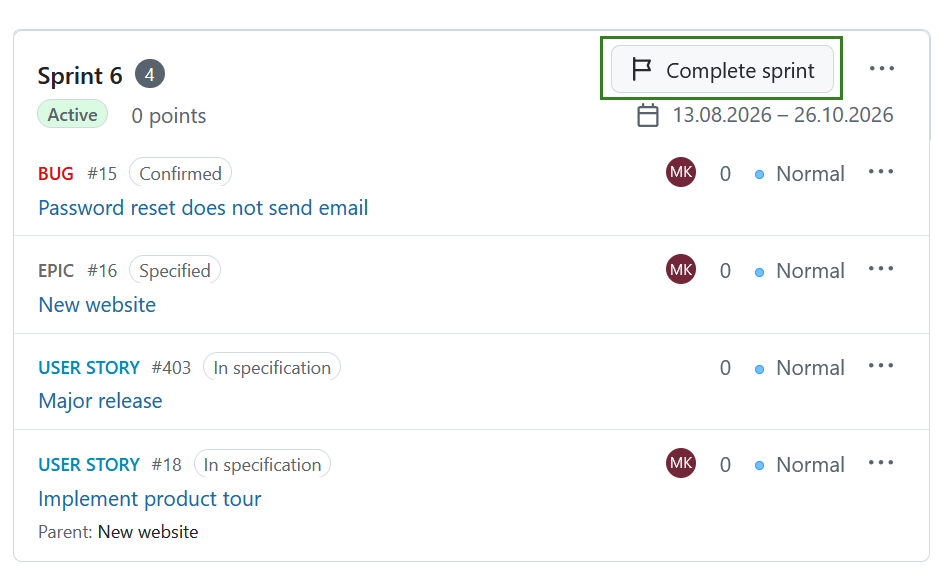Complete sprint button in the Backlogs module interface