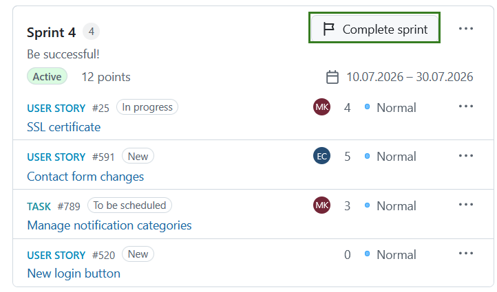 Complete sprint button in the Backlogs module interface
