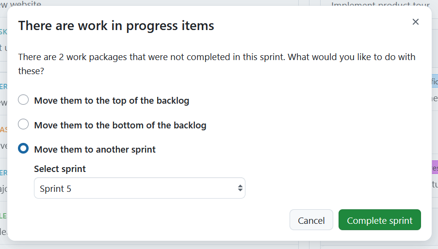 Form to select how to proceed with items in progress when completing a sprint in OpenProject