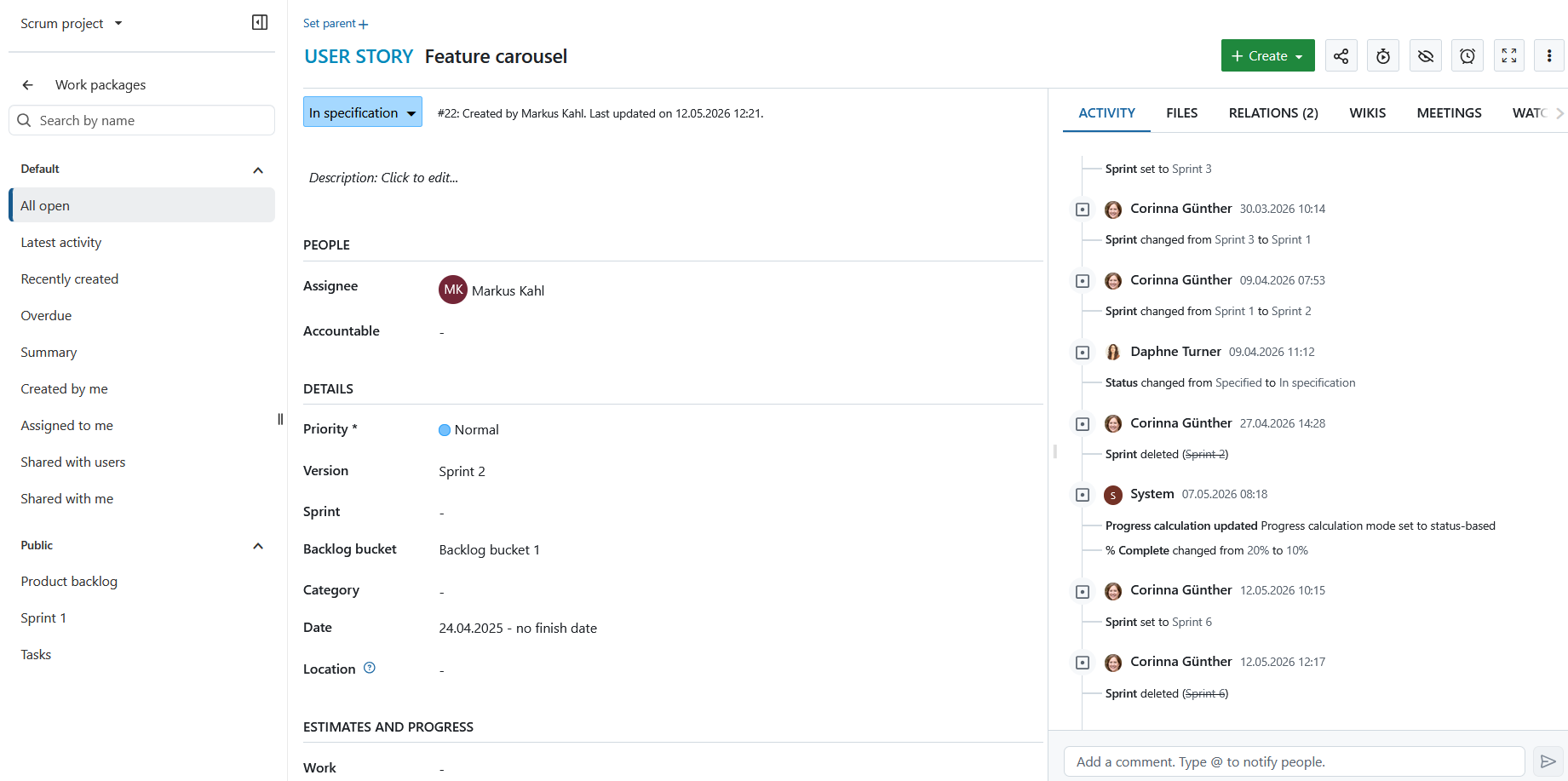 Work package opened in fullscreen in OpenProject