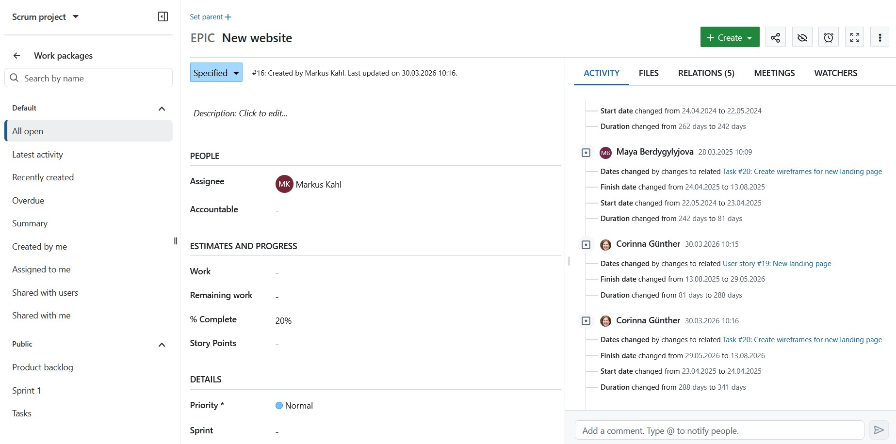 Work package opened in fullscreen in OpenProject