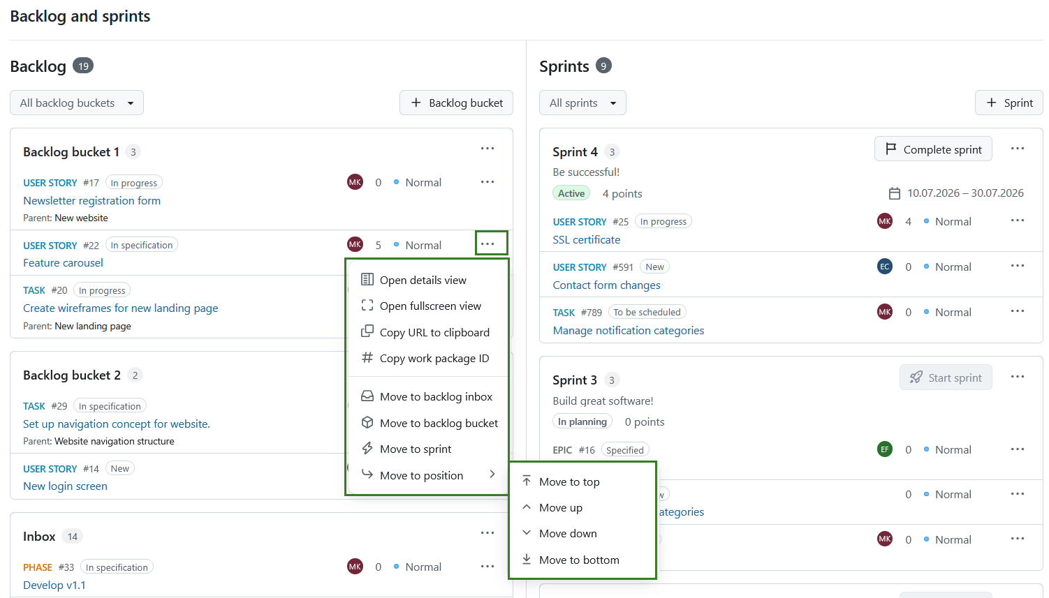Backlog work package menu with options like details view, copy link, and move