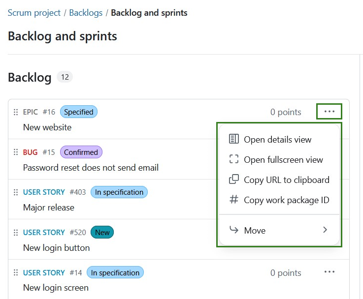 Backlog work package menu with options like details view, copy link, and move