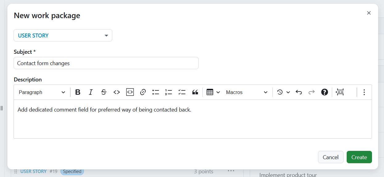 A new work package added to a sprint directly in OpenProject Backlogs module