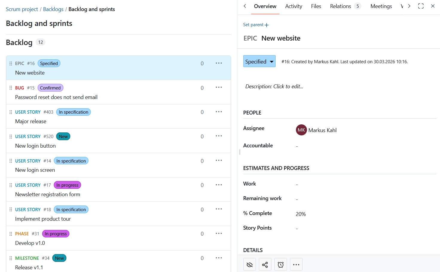 Backlog-Artikel in der Detailansicht auf der rechten Seite geöffnet