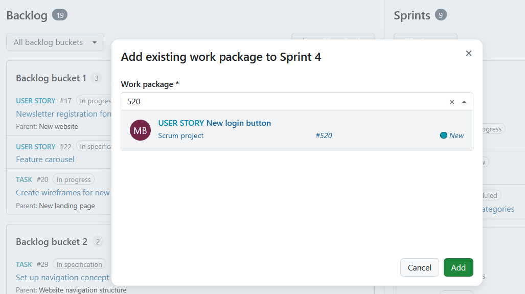 An existing work package selected and added to a sprint directly in OpenProject Backlogs module