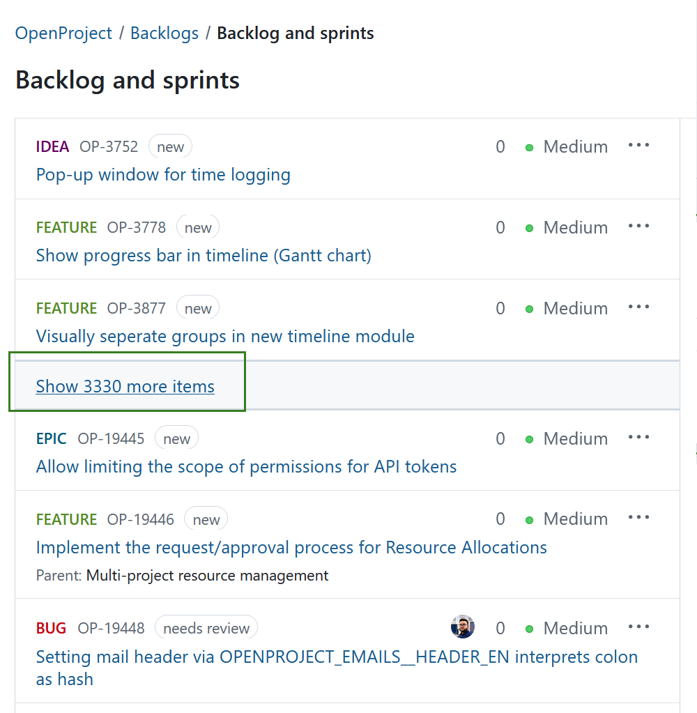 Backlog view with many items collapsed behind a “Show more items” link in the middle