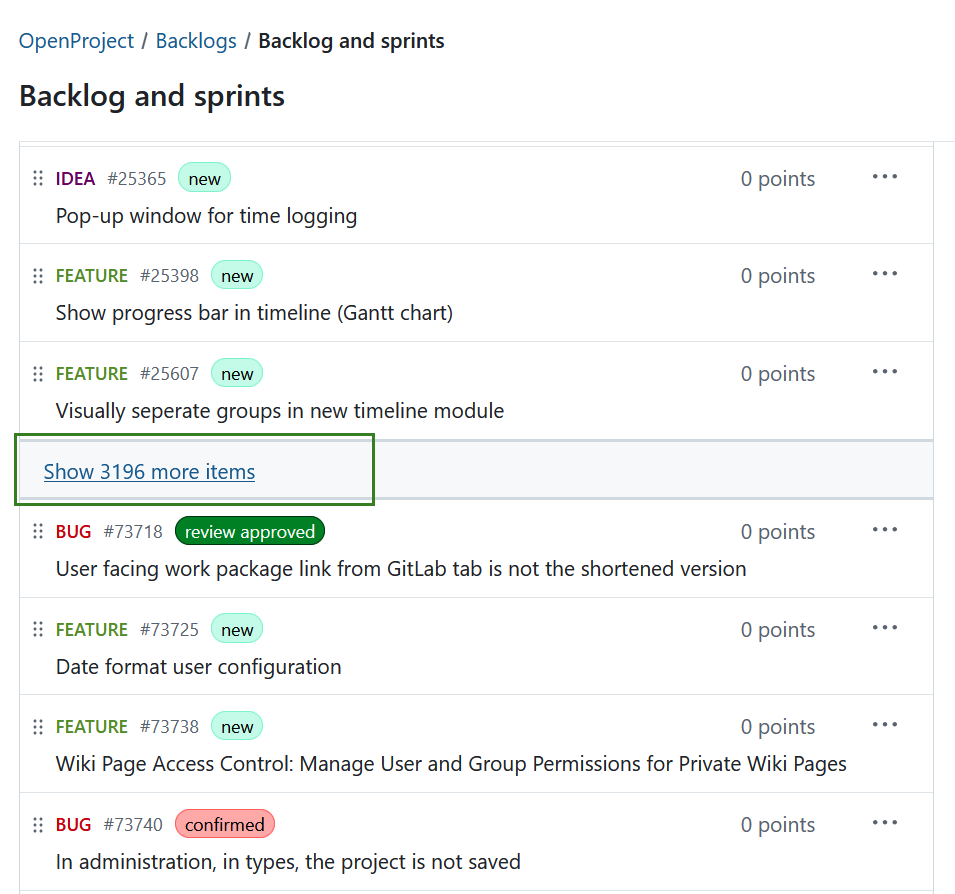 Backlog view with many items collapsed behind a “Show more items” link in the middle