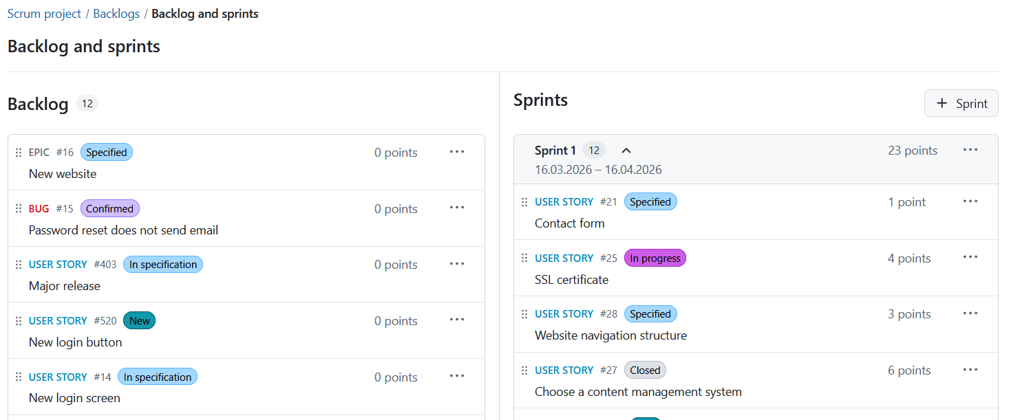 Backlogs module in OpenProject showing backlog items and multiple sprints with work packages
