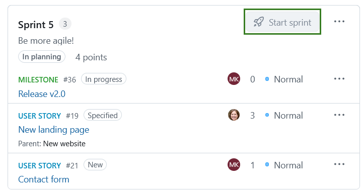 Start sprint button in the Backlogs module interface