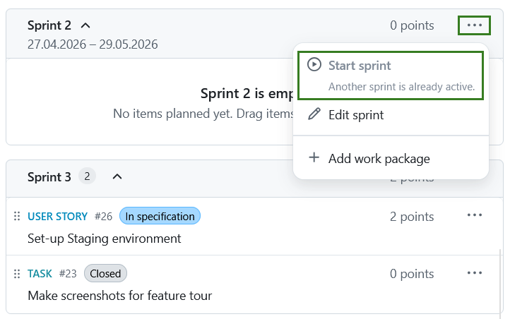 Start sprint button in the Backlogs module interface