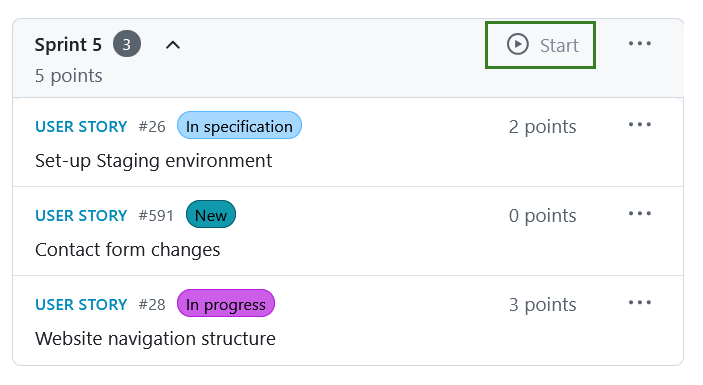 Start sprint button in the Backlogs module interface