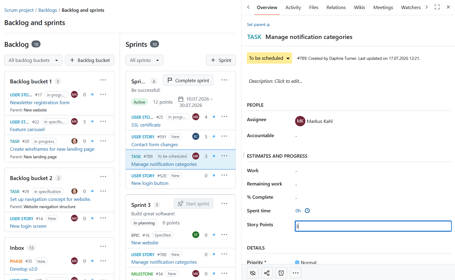Edit story points for a work package in the Backlogs module in OpenProject