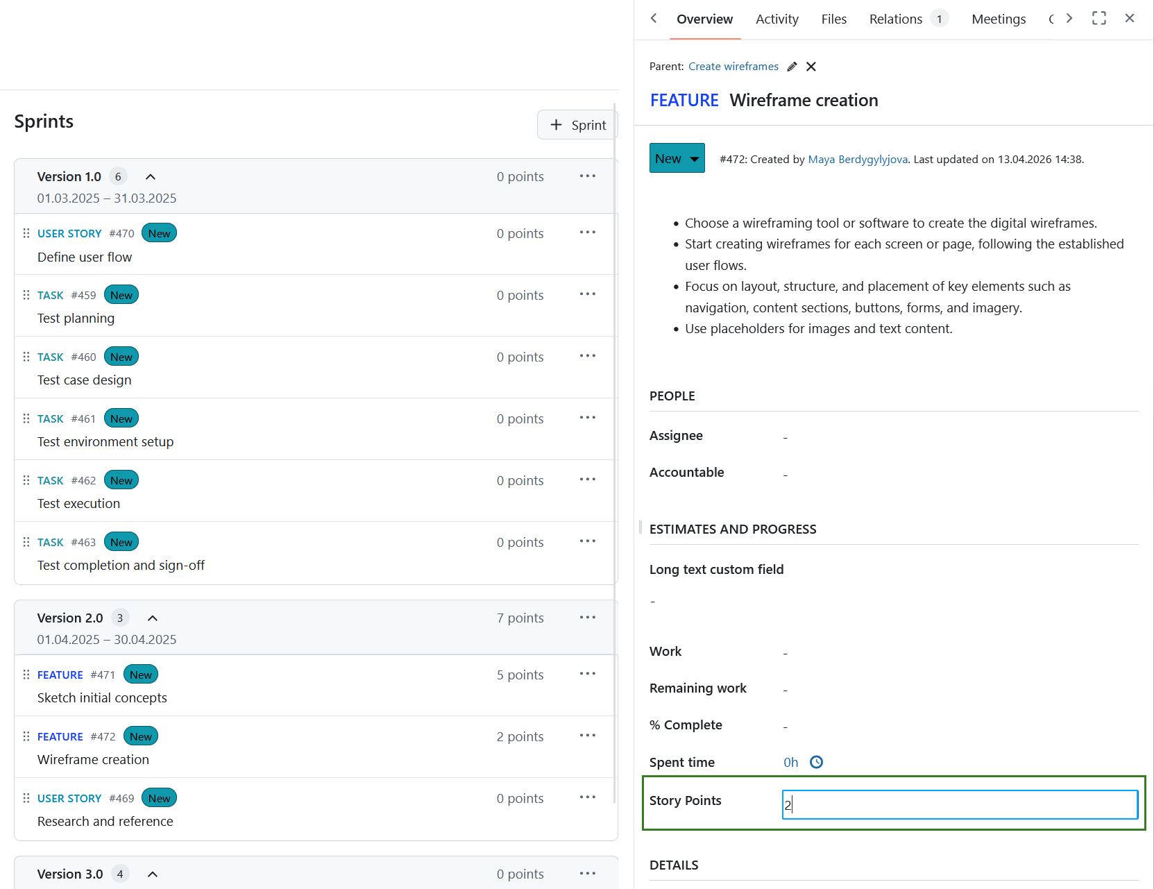 Edit story points for a work package in the Backlogs module in OpenProject