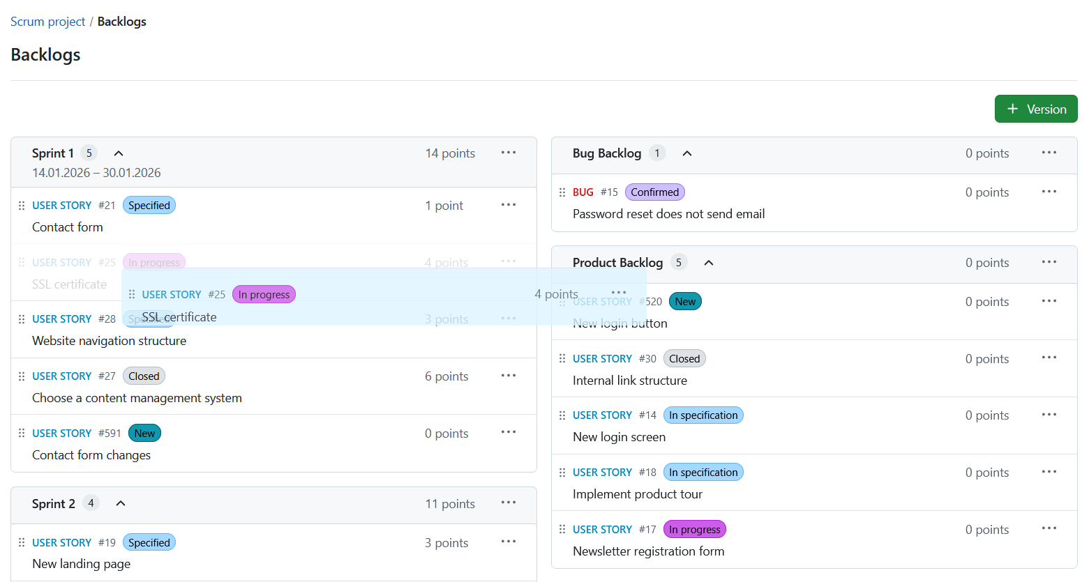 Drag and drop a user story to change priority in OpenProject Backlogs module
