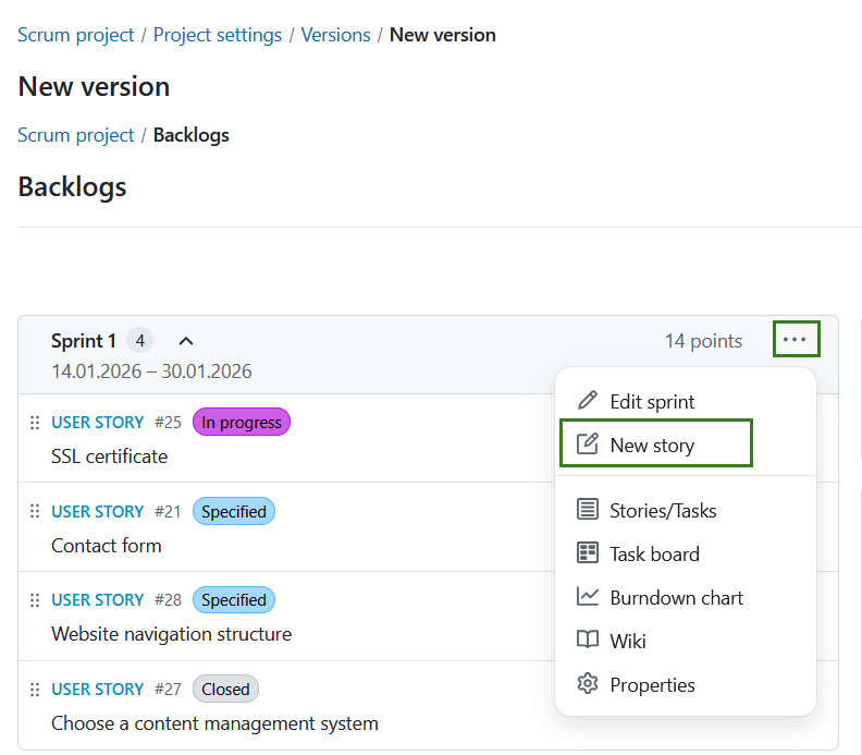 Create a new user story from a product backlog in Backlogs module in OpenProject