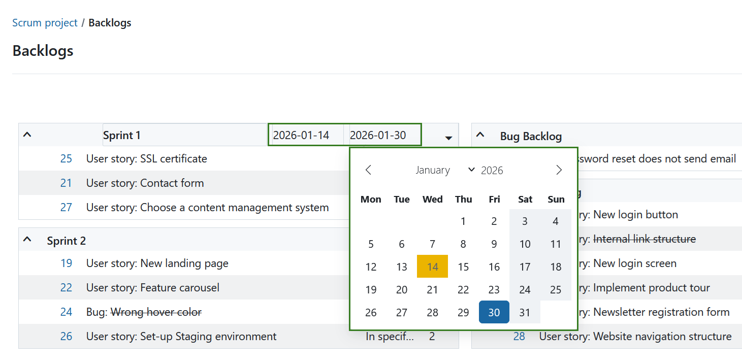 Editar la duración del sprint en un módulo backlog de OpenProject