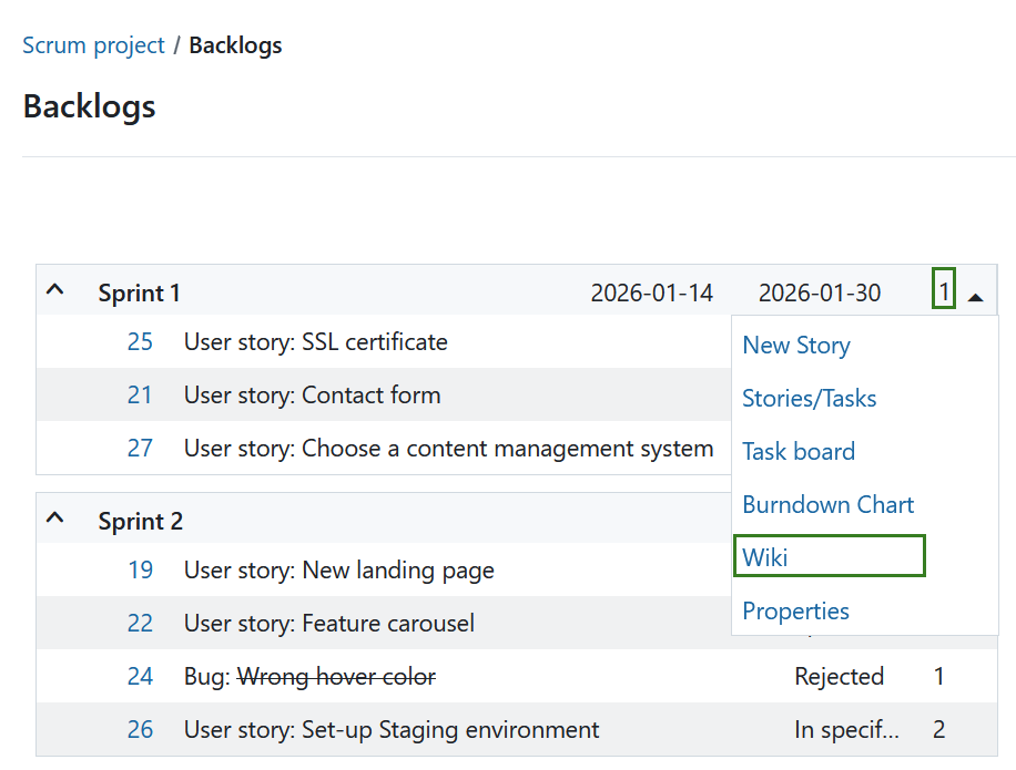 Menú desplegable mostrando “Wiki” como opción en el menú desplegable de sprint en el módulo backlogs de OpenProject