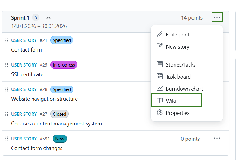 Dropdown menu showing “Wiki” as an option in sprint dropdown menu in OpenProject backlogs module