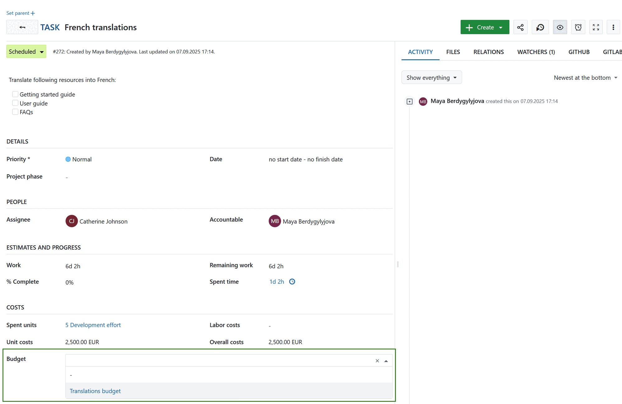einem Budget in OpenProject ein Arbeitspaket zuweisen