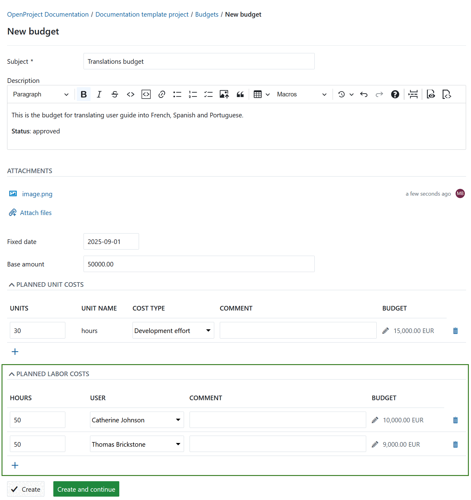 Geplante Stückkosten für ein neues Budget in OpenProject