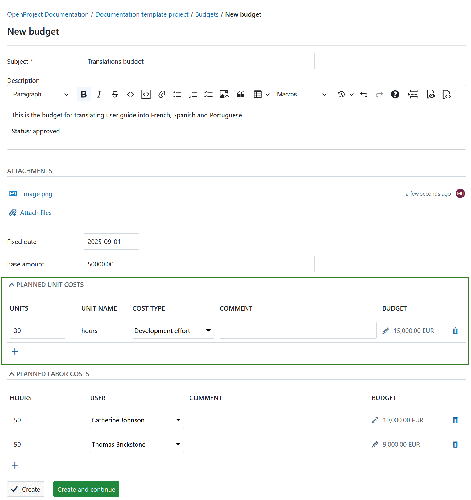Geplante Stückkosten für ein neues Budget in OpenProject