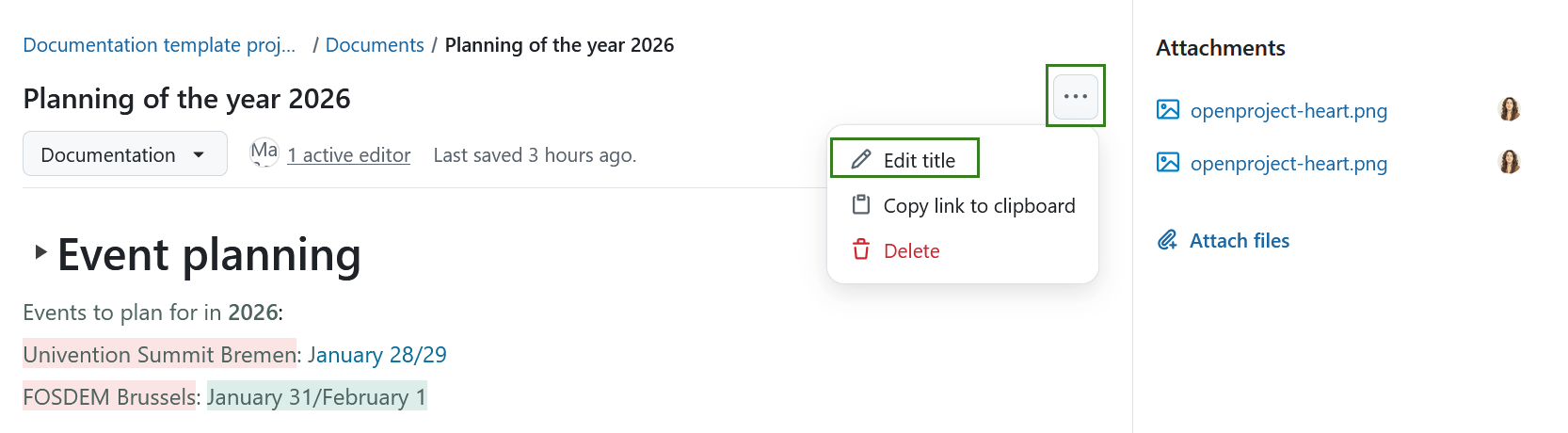 Edit a document title in OpenProject Documents module