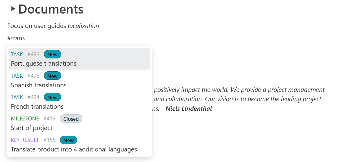 Example of linking a work package inline in OpenProject documents module