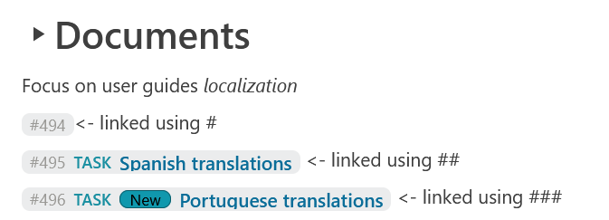 Arbeitspaket dreimal inline im Modul OpenProject-Dokumente verlinkt, zeigt unterschiedliche Mengen an Informationen an, je nachdem wie viele Hashtags verwendet werden