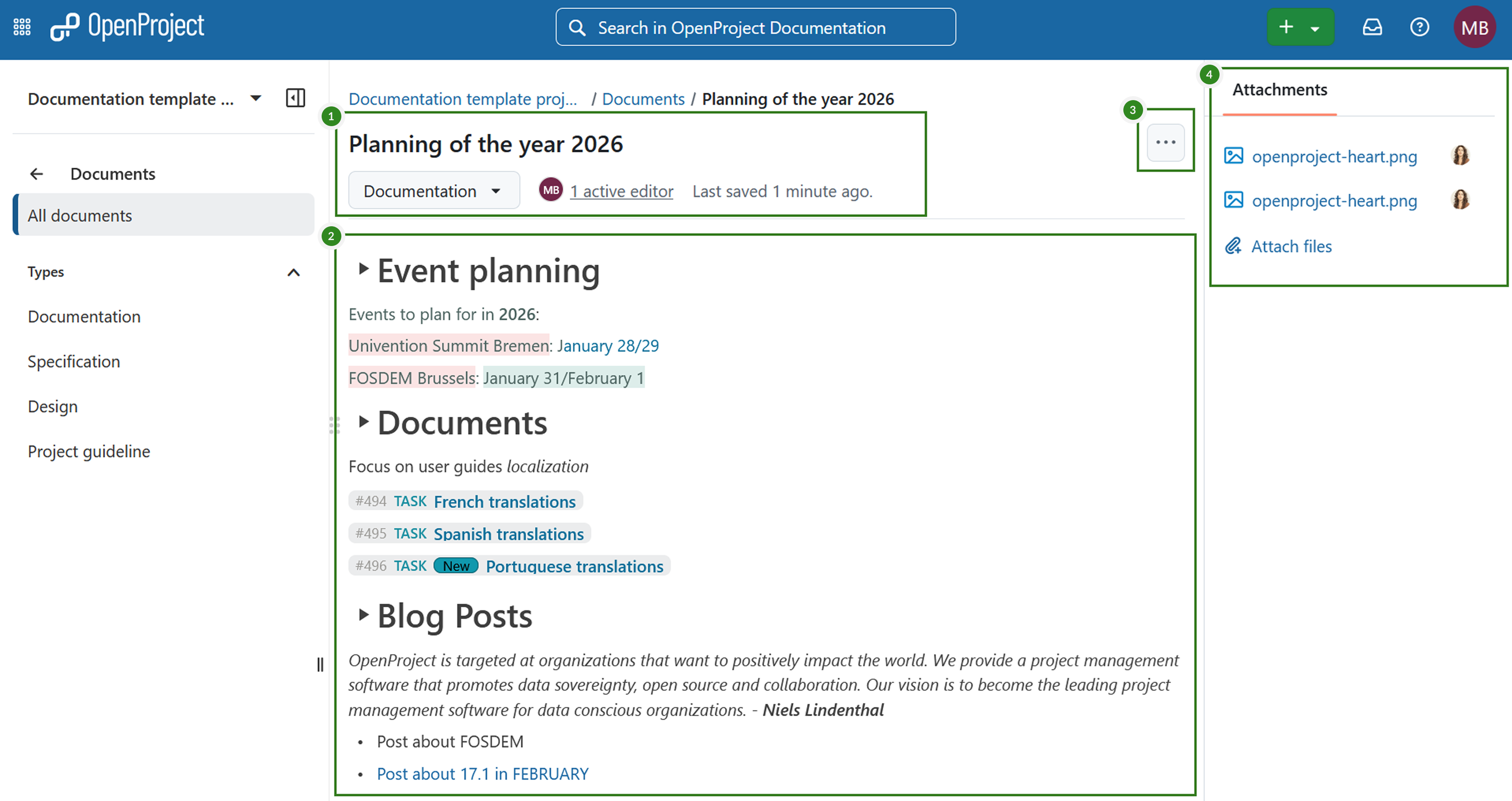 Visualización de un documento con un archivo adjunto en OpenProject