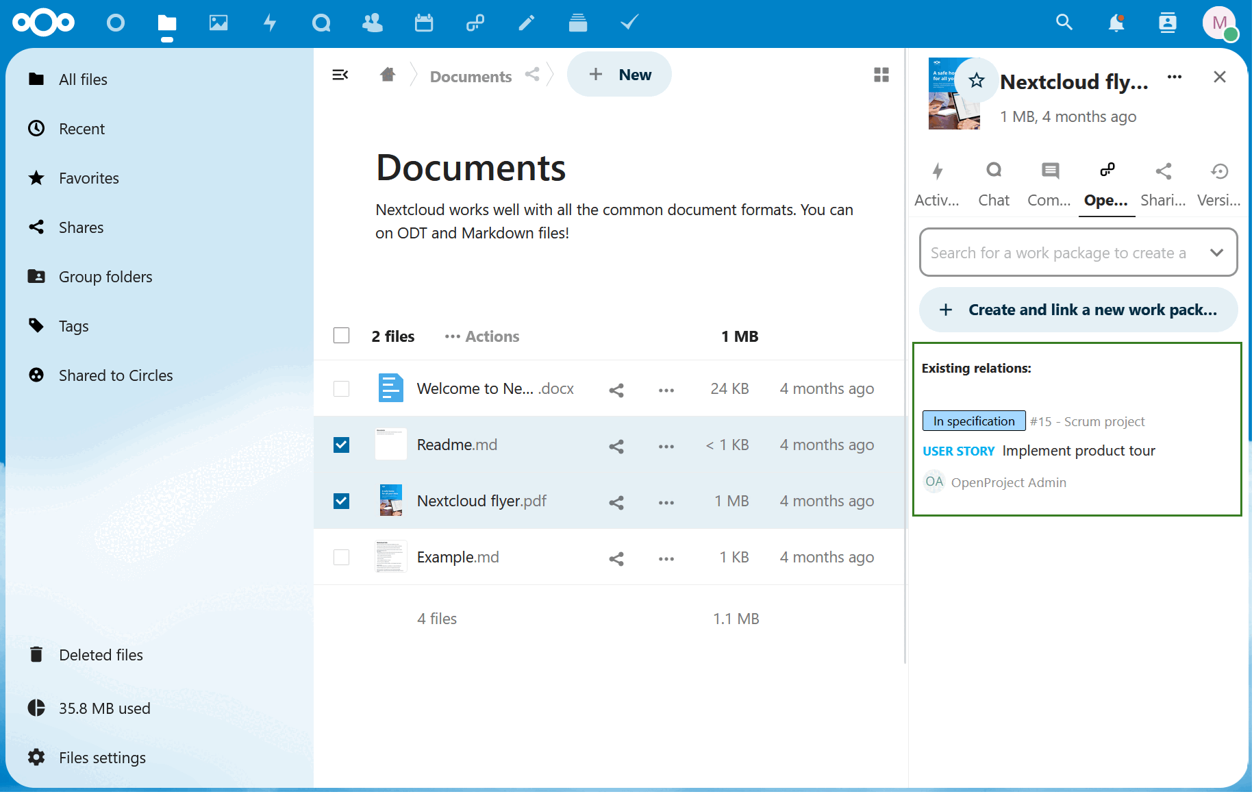 Mostrar pacotes de trabalho associados no Nextcloud