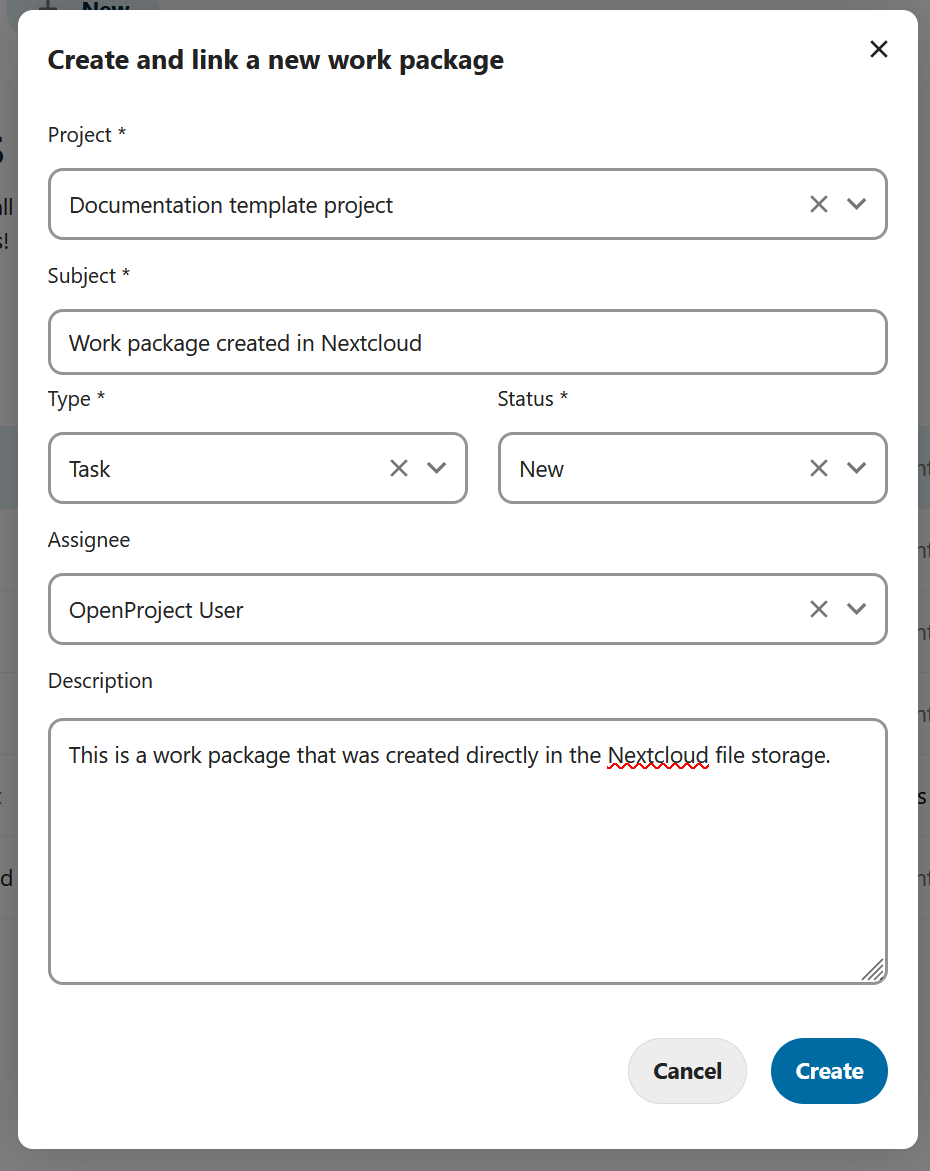 Spécifier les détails d’un nouveau lot de travaux OpenProject créé dans Nextcloud