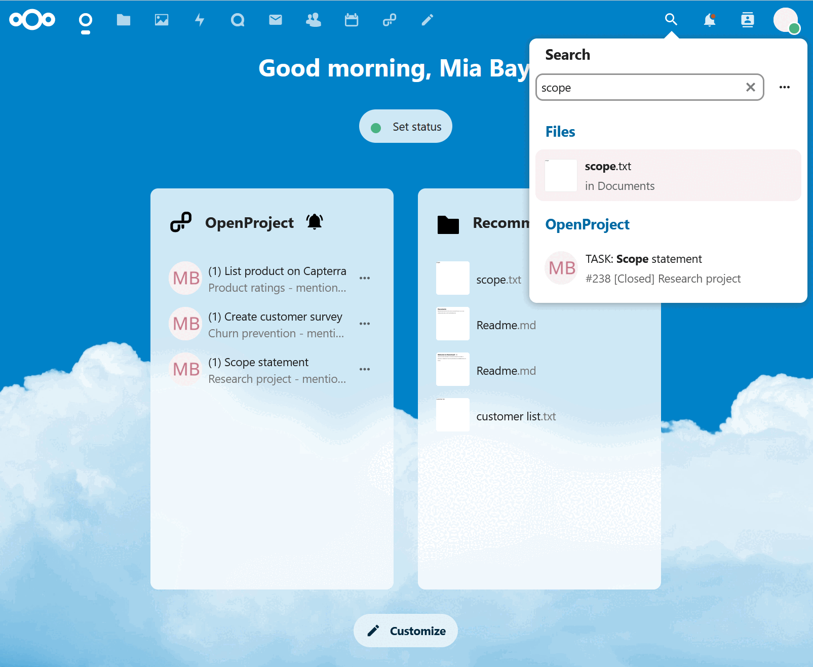 Procura de pacotes de trabalho no Nextcloud