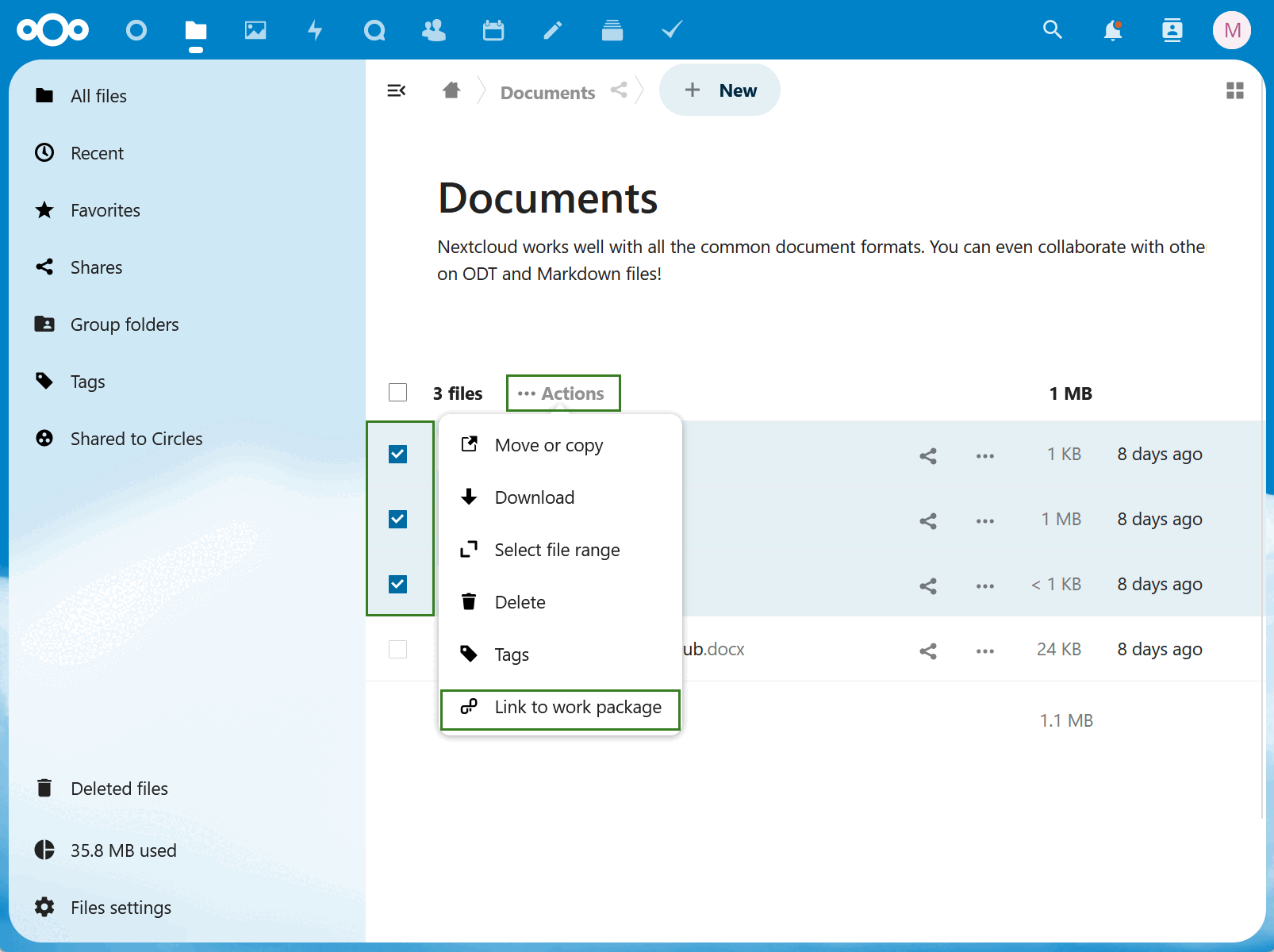 Selecione vários ficheiros no Nextcloud para associar a um único pacote de trabalho no OpenProject
