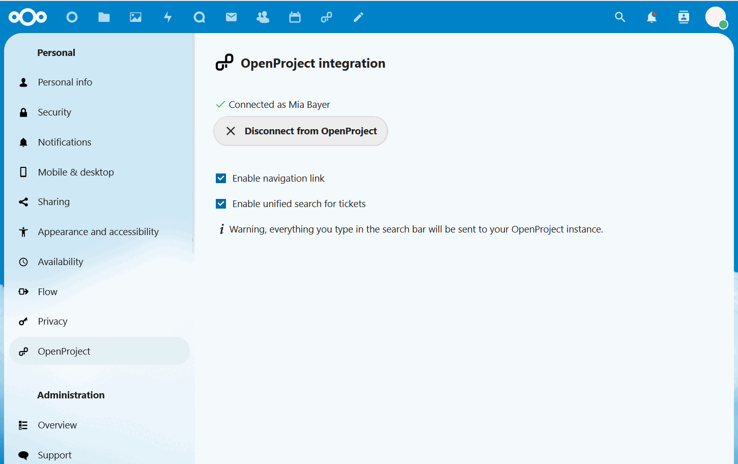 Definições do Nextcloud para OpenProject