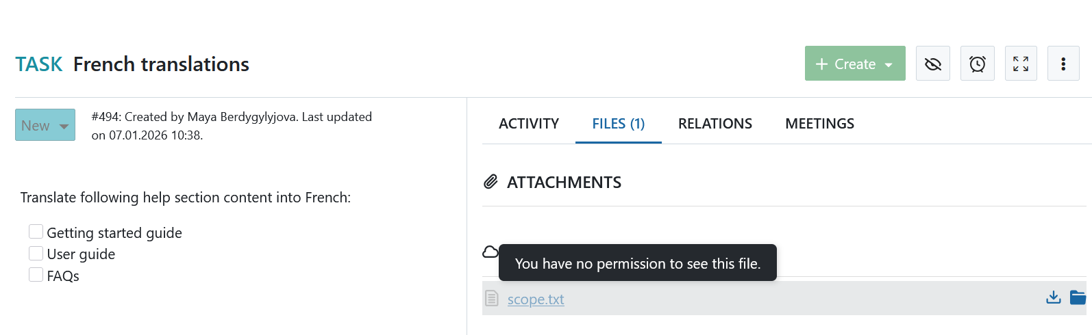 Mensagem de erro baseada na falta de permissões para ver um ficheiro no OpenProject