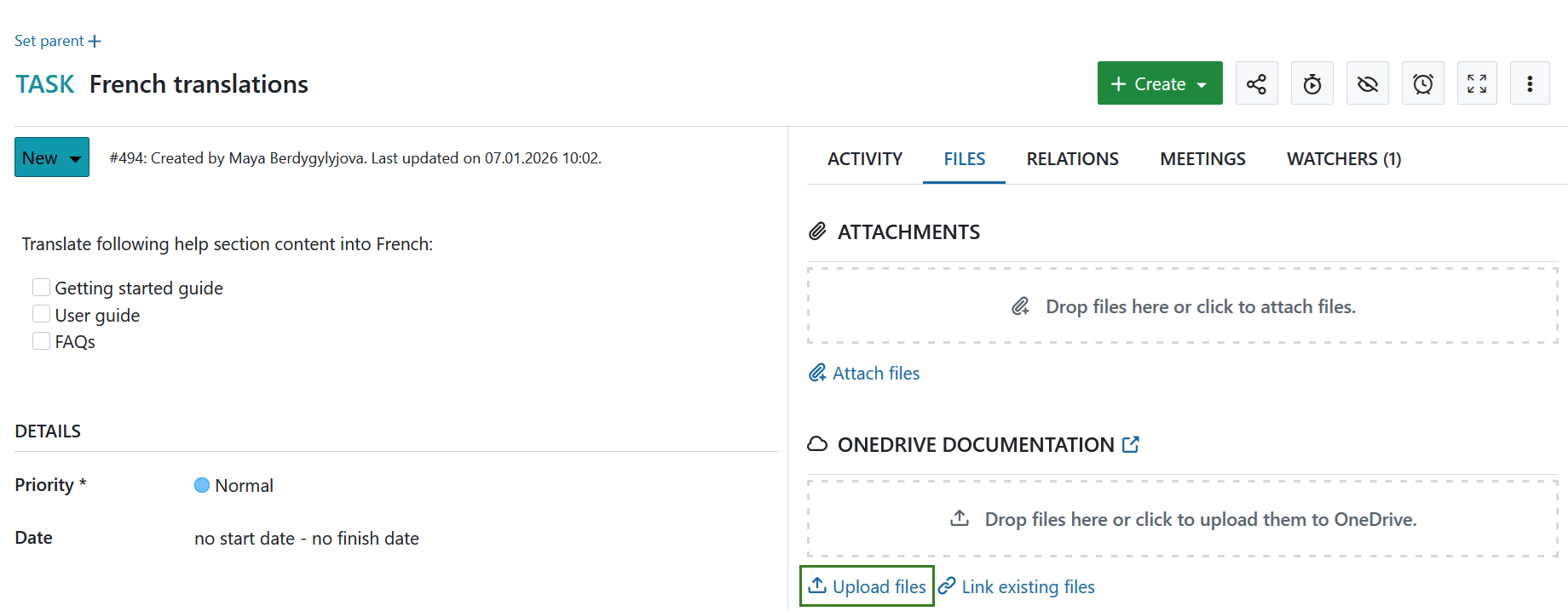 Carregue a ligação do ficheiro num pacote de trabalho OpenProject