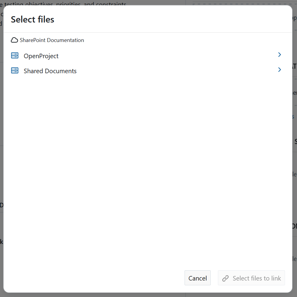 Select a SharePoint file or folder to link to an OpenProject work package